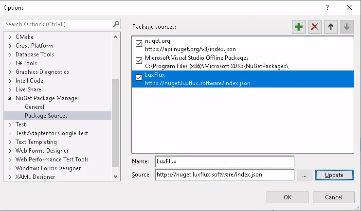 Screenshot of the NuGet package sources dialog after adding the LuxFlux package repository
