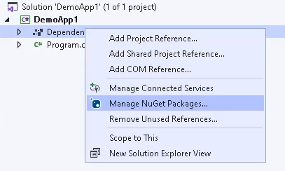 Screenshot of the menu how to open the NuGet package manager for the selected project.